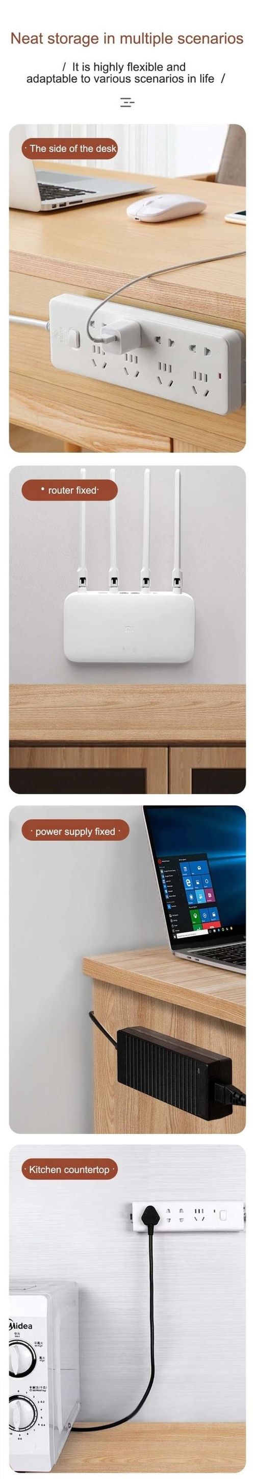 Self-Adhesive Power Strip Holder, No Drill Wall Mount Socket Fixer, Removable Punch-Free Plug Extension Bracket.Pack of 4