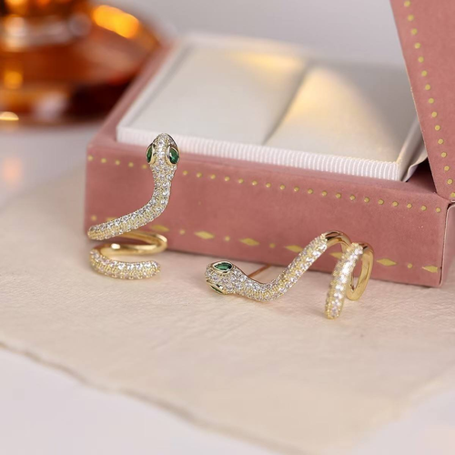 Gold Snake Ear Cuff Earrings with Emerald Green Eyes, Paved Zircon Serpent Wrap Ear Jewelry for Women