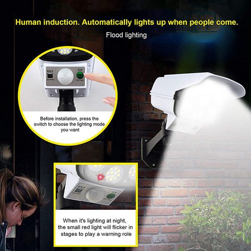 Solar Dummy CCTV Camera Light, 77LED Motion Sensor Solar Security Flood Light with Remote Control, Waterproof Outdoor Wall Lamp for Yard Garden Porch