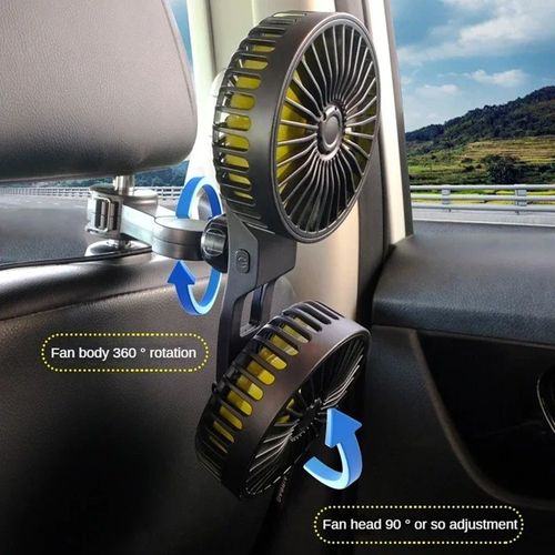 USB Dual Head Car Back Seat Fan, 360° Rotatable Headrest Cooling Fan for Car, Truck