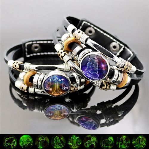 Glow In Dark 12 Constellations Zodiac Leather Bracelet, Vintage Multi-layer Braided Wristband Gift for Men & Women