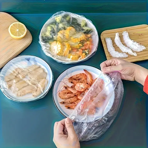 200PCS Multi‑Purpose Disposable Stretch Food Covers, Elastic PE Plastic Bowl Wraps, Reusable Food Storage Lids for Home Kitchen Refrigerator, Can Be Used As Shower Caps