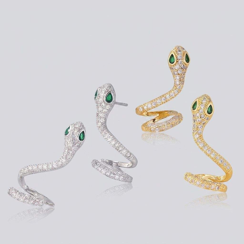 Gold Snake Ear Cuff Earrings with Emerald Green Eyes, Paved Zircon Serpent Wrap Ear Jewelry for Women