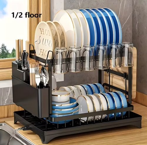 🖤2 Tier Black Metal Dish Drying Rack with Drainboard