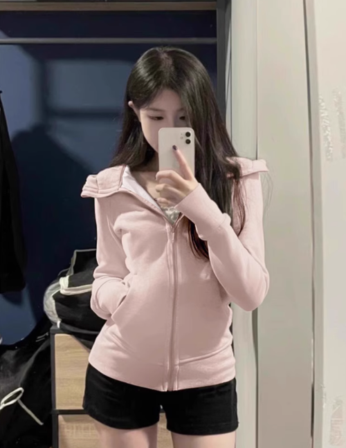 外套女款短款收腰春季穿搭修身連帽開春上衣緊身粉色衛衣2025新款