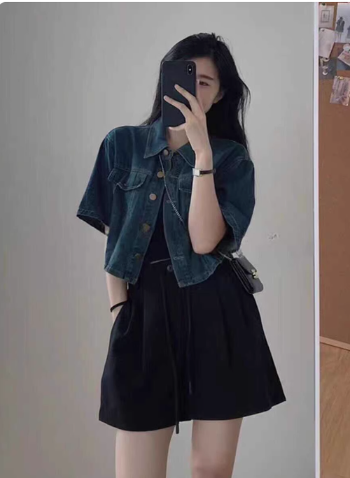 復古短袖牛仔襯衫外套女夏季大碼胖mm寬松設計感休閒百搭短款上衣