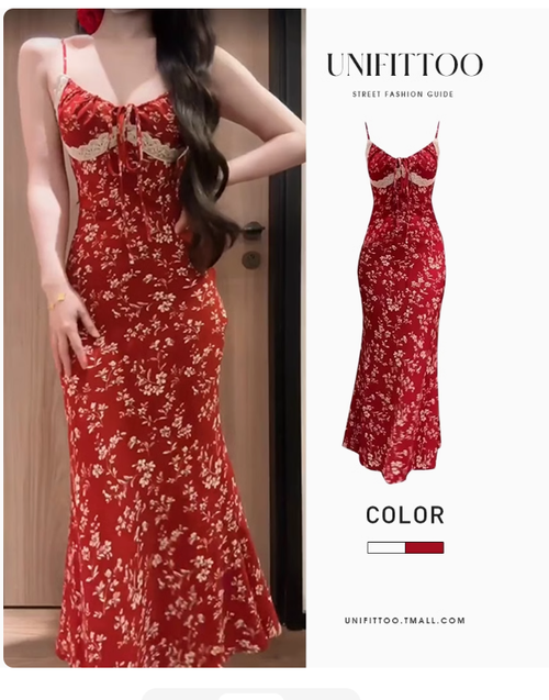 新中式紅色碎花吊帶長裙子2025新款夏季絕美海邊度假風連衣裙女裝