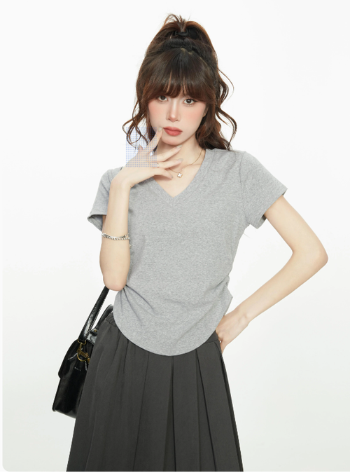 法式掐腰淺灰色v領正肩短袖t恤女款夏季美式爵士收腰修身短款上衣