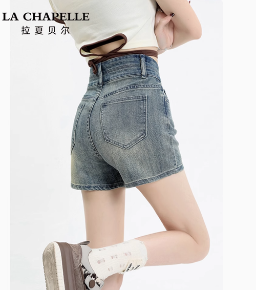 拉夏貝爾復古牛仔短褲女夏季2025新款高腰小個子顯瘦a字闊腿熱褲