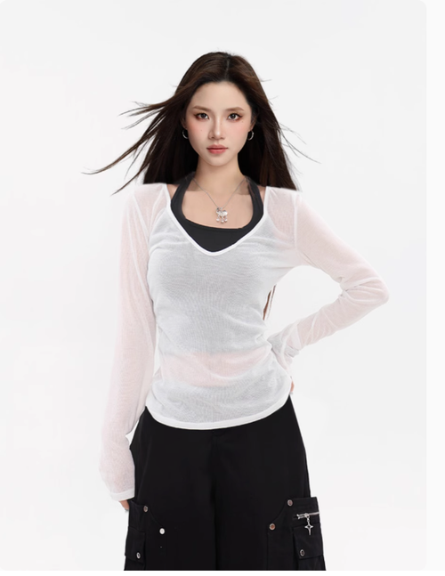 白色V領薄款冰絲針織防曬罩衫女夏季吊帶薄紗外搭長袖T恤上衣早春