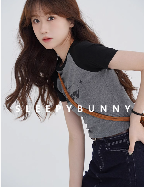 瞌睡兔 短袖露臍上衣夏季美式復古小個子辣妹正肩印花修身短款T恤
