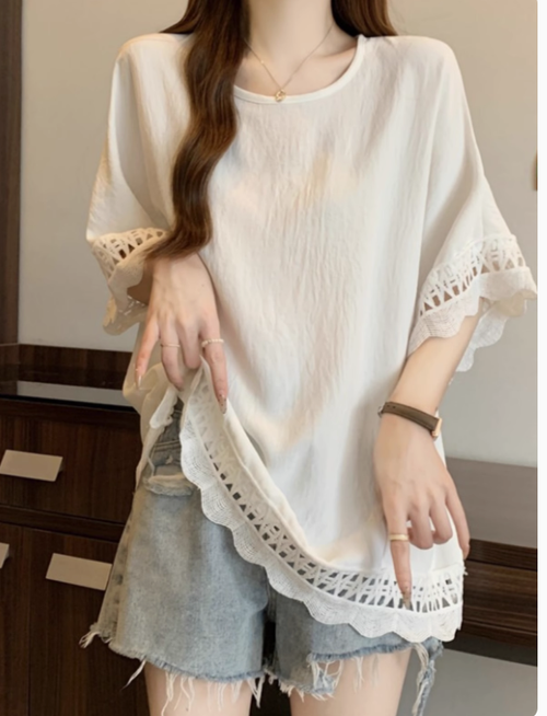 蕾絲鏤空肌理感慵懶風短袖t恤女2025夏季大碼微胖妹妹遮肚子上衣