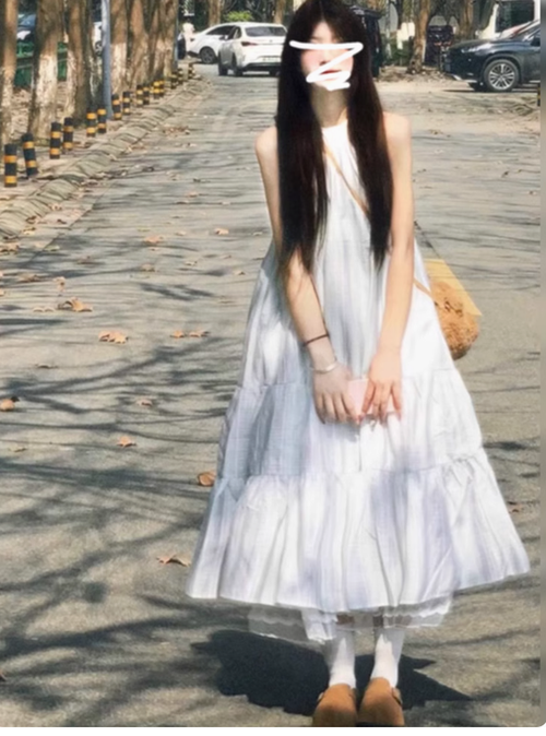 藍色掛脖連衣裙子女夏季2025新款夏日絕美無袖吊帶長裙小個子穿搭