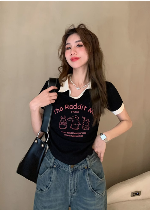 POLO領T恤女夏季2025新款黑色印花打底衫修身百搭簡約短袖上衣ins