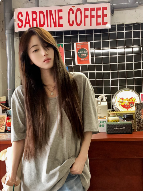 TXT 寬松慵懶短袖灰色t恤女大U領打底衫夏季薄款顯瘦純色百搭上衣