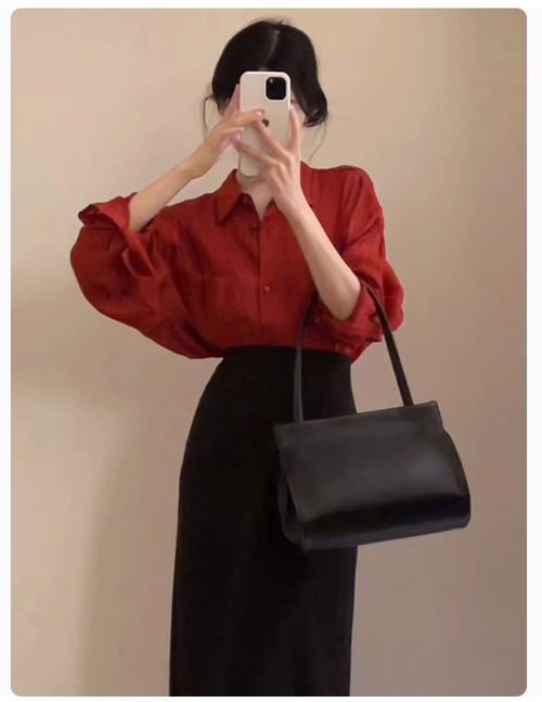 法式紅色襯衫連衣裙子女2025新爆款開春季氣質穿搭一整套包臀長裙