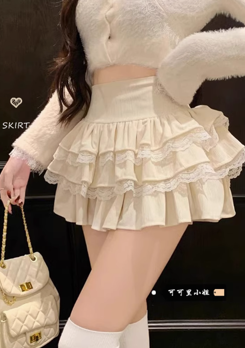 可可裏小姐半身裙女裝夏季裙子高腰蓬蓬裙A字短裙純欲蕾絲蛋糕裙