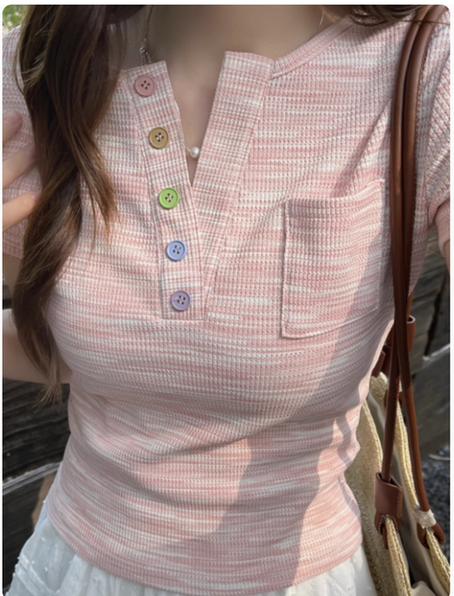 多巴胺彩虹V領短袖T恤女夏季大碼微胖mm顯瘦減齡甜辣小衫正肩上衣