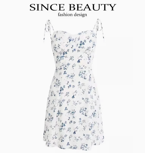 Since Beauty法式度假短款白色2025夏新款連衣裙女小個子碎花吊帶
