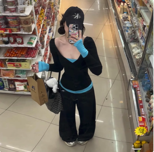 2025新款韓系藍色拼接假兩件長袖t恤女早春季高級感v領修身短上衣