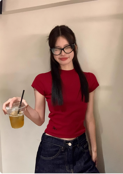 宋正恩紅色t恤女短袖夏季新款正肩修身設計感短款辣妹半袖小上衣
