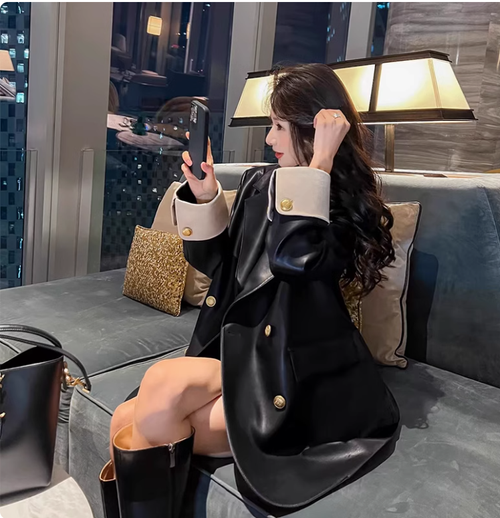高級感黑色pu皮衣外套女2025春秋韓版寬松休閒設計感拼色西服上衣