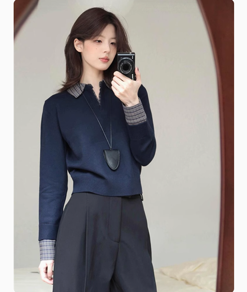 藏藍色polo領針織內搭打底衫春裝女款2025年新款開春韓系穿搭上衣