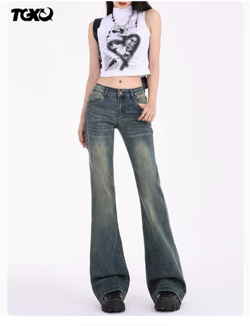 復古微喇牛仔褲女2025年新款春季美式辣妹彈力小個子低腰喇叭褲子