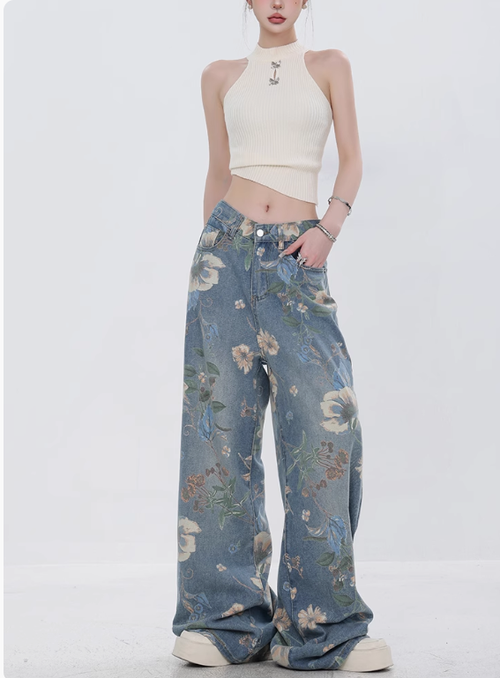 ABWEAR 2025年新款美式復古印花闊腿牛仔褲女小衆設計直筒拖地褲