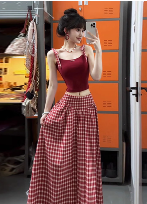 法式高級感紅色背心吊帶連衣裙子女夏季新款格子長裙超火兩件套裙