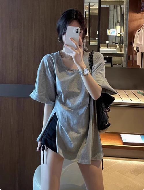 U領百搭短袖t恤女夏季寬鬆大碼純棉顯瘦中長款開叉半袖上衣設計感