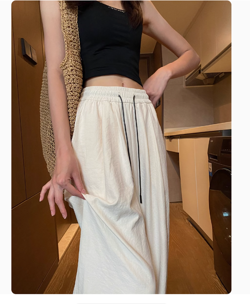 米白色冰絲闊腿褲女夏季薄款高腰直筒垂感寬鬆休閒防曬空氣山本褲