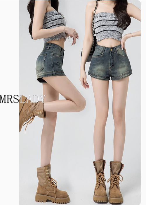 美式復古牛仔短褲女2025夏季新款薄款遮肉高腰a字超短辣妹熱短裙