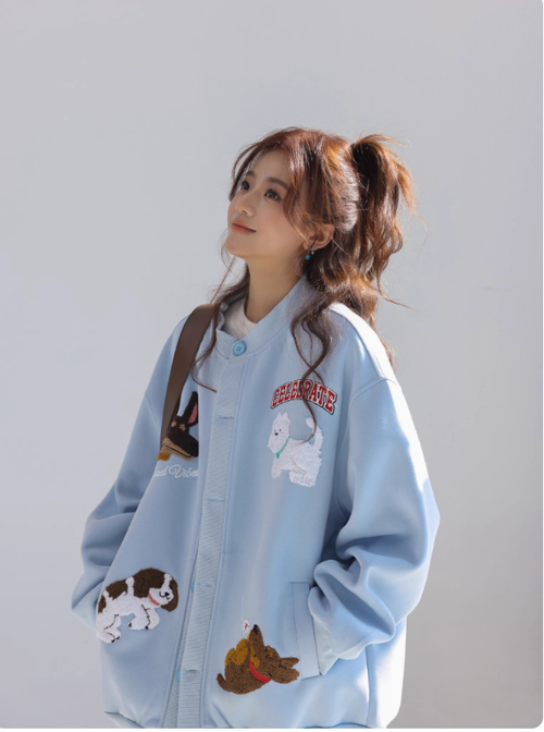 「CHANT2nd」可愛卡通小狗毛巾繡開衫衛衣女韓系慵懶風寬松bf外套