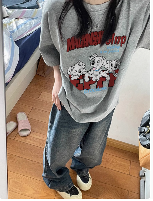 100%純棉歐貨潮牌正肩短袖t恤女2025新款設計感小衆美式卡通上衣