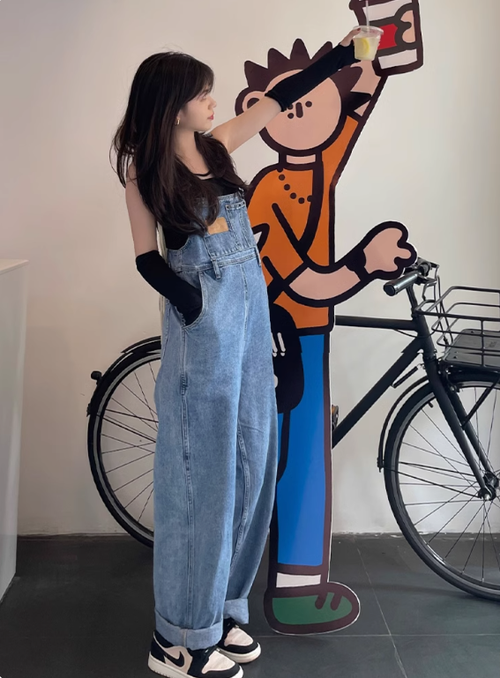 牛仔背帶褲夏季女顯瘦網紅炸街夏款減齡寬松美式復古闊腿拖地長褲