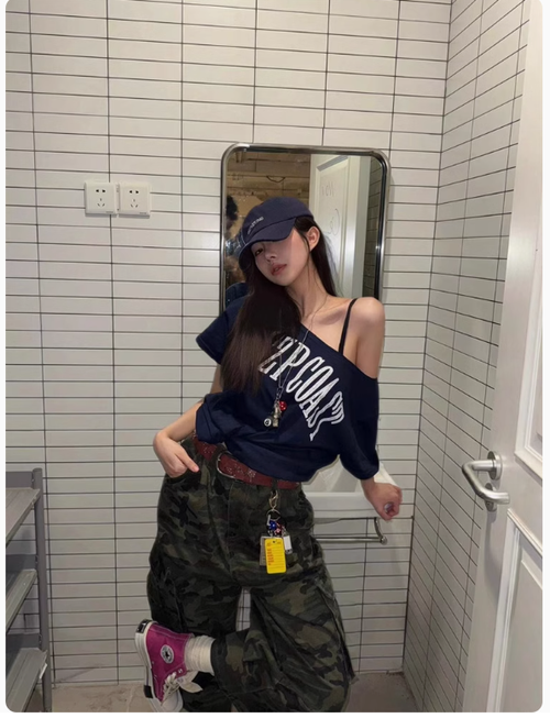 Pumpkin美式復古辣妹露肩斜肩新款短袖T恤女上衣女寬鬆夏季上衣