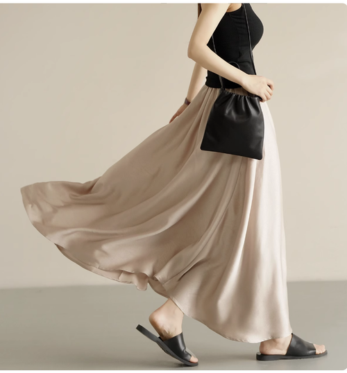 絲滑緞面 女士純色半身裙 高腰A字中長裙 氣質顯瘦裙子 夏款女裝