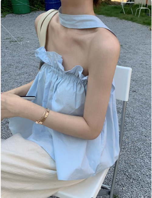 韓版甜美木耳邊掛脖吊帶背心女夏寬鬆褶皺減齡休閒高級感抹胸上衣