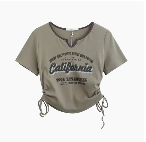 純棉胖mm大碼女裝美式正肩短袖t恤修身顯瘦遮肉抽繩短款上衣ins潮