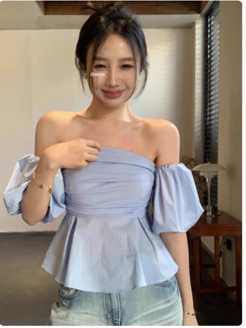 法式設計感一字領泡泡袖抹胸襯衫女夏高級感小衆褶皺顯瘦別緻上衣