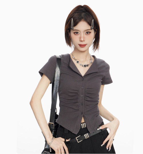 褶皺V領短袖T恤女2025夏季設計感修身polo領開衫正肩辣妹顯瘦上衣