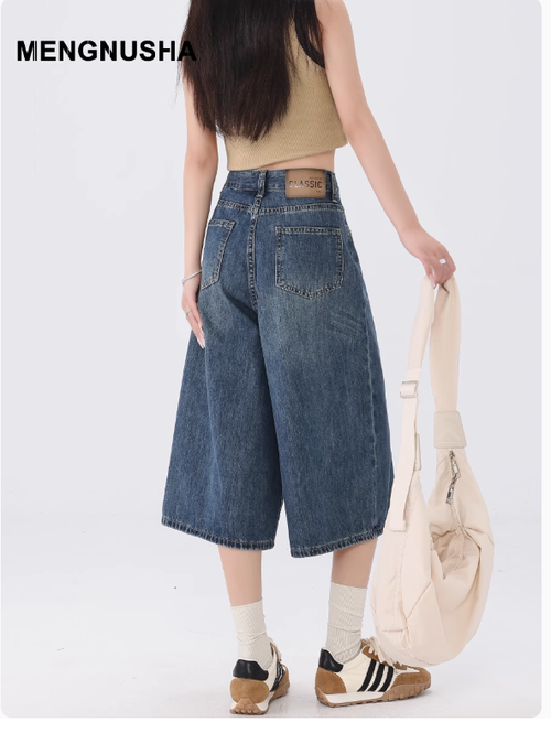 闊腿七分牛仔褲女夏季薄款2025新款高腰鬆弛感慵懶風直筒五分中褲