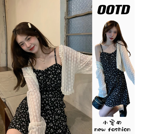 夏款胖mm法式別緻黑色碎花吊帶裙大碼純欲甜辣風顯瘦雪紡連衣裙女