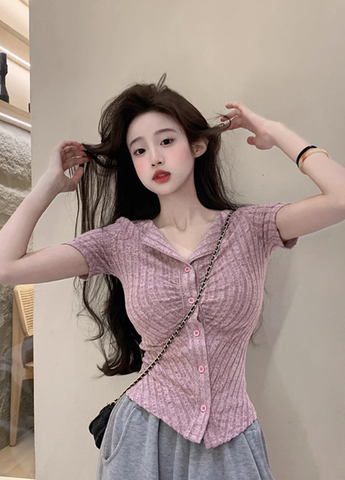 不規則V領冰絲針織短袖T恤女夏季短款小個子修身純欲甜辣收腰上衣