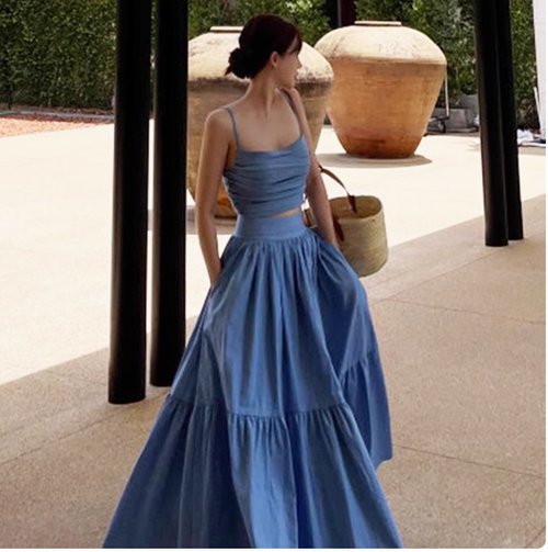 韓系chic法式氣質V領修身短款吊帶背心+高腰大擺型半身裙套裝女