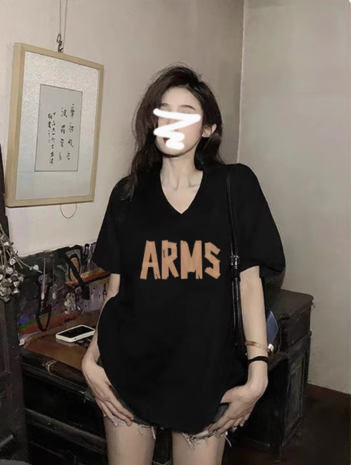 美式復古v領正肩寬鬆短袖t恤女純棉夏季大碼女裝胖mm遮肚顯瘦上衣