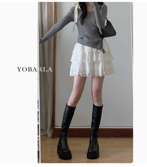 白色蕾絲蓬蓬蛋糕短裙女夏季新款大碼胖mm高腰顯瘦小個子a字紗裙