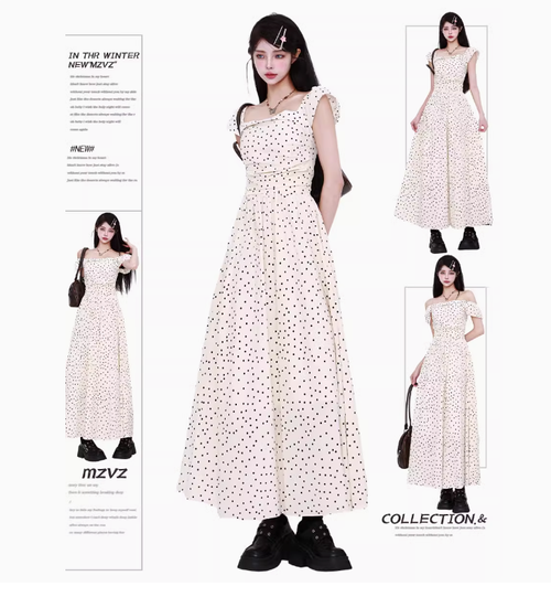 MZVZ法式小飛袖方領波點連衣裙女夏季設計感小衆海邊度假收腰裙子