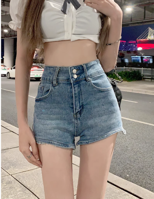 辣妹牛仔短褲女 夏季新款雙扣顯瘦性感美式復古高腰彈力a字熱褲